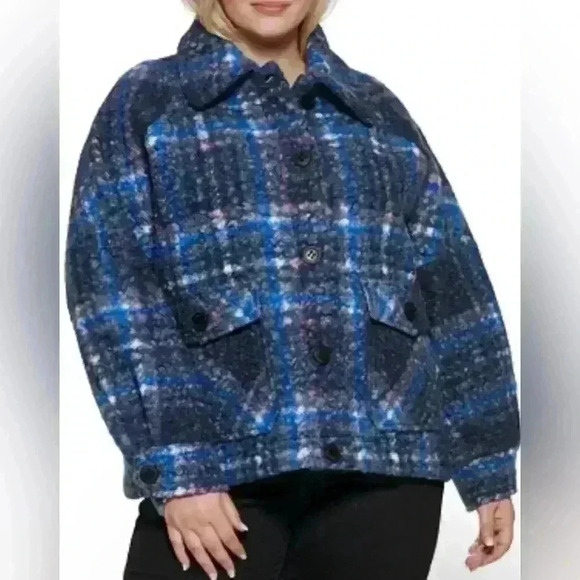 Calvin Klein Plaid Shacket Jacket Womens L Blue Black Button-Up Pockets - Picture 1 of 7
